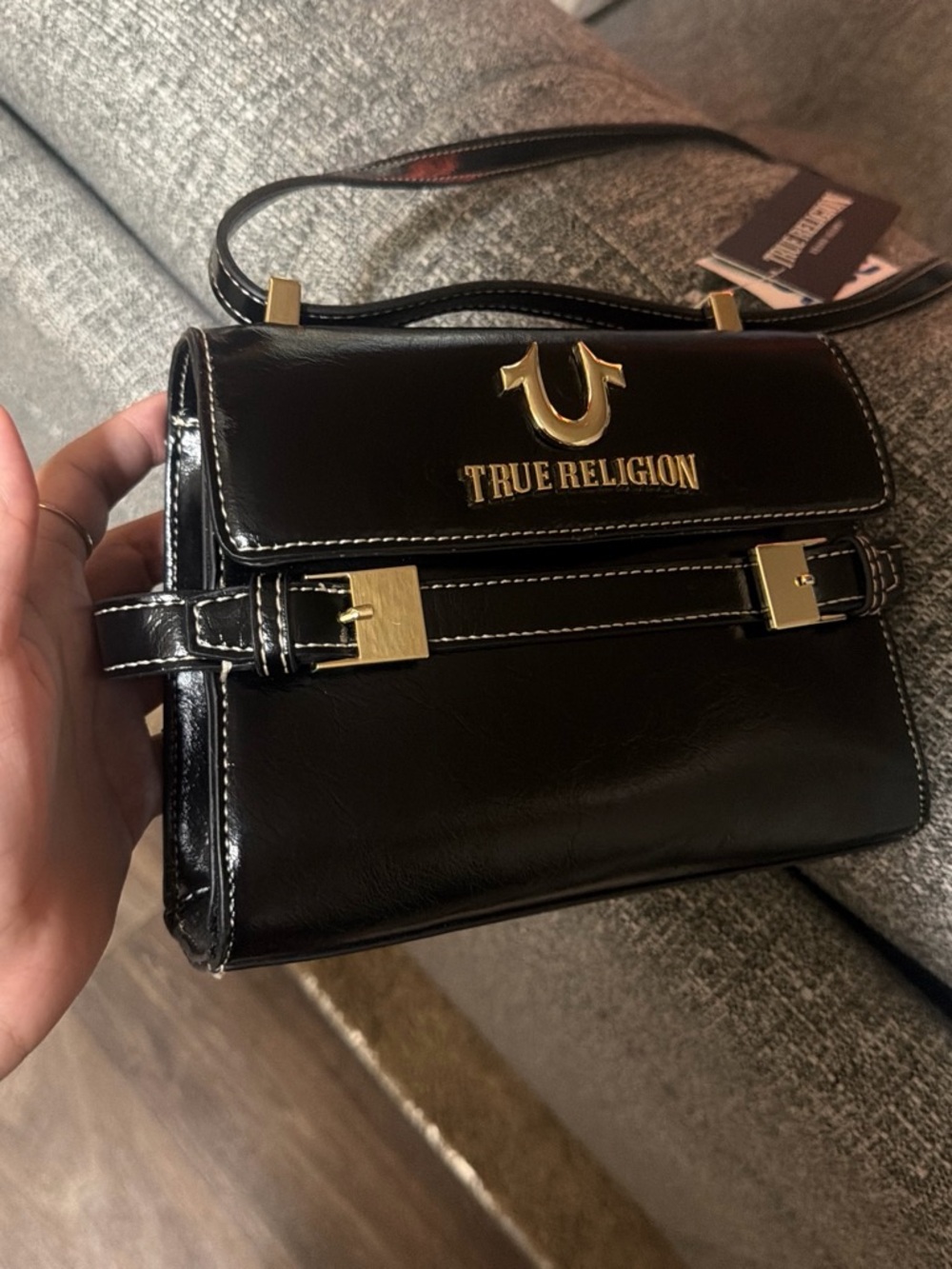 True Religion Black Patent Leather Crossbody with Gold Hardware